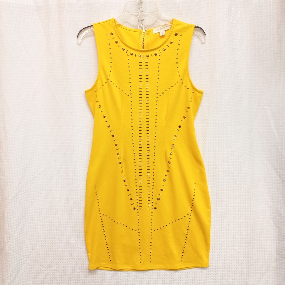 Sz XL NICKI MINAJ Yellow Tank Dress with gold detail Sleeveless Bodycon Exc Cond